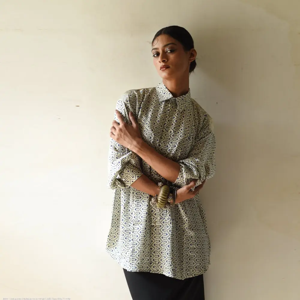 cream and indigo ajrakh cotton shirt geometric maze jaal block print hand block printed relaxed fit artisanal shirt men women unisex sustainable fashion