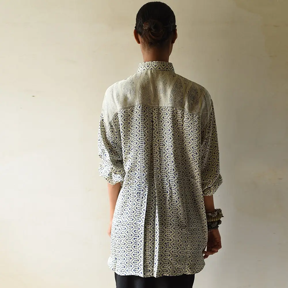 cream and indigo ajrakh cotton shirt geometric maze jaal block print hand block printed relaxed fit artisanal shirt men women unisex sustainable fashion