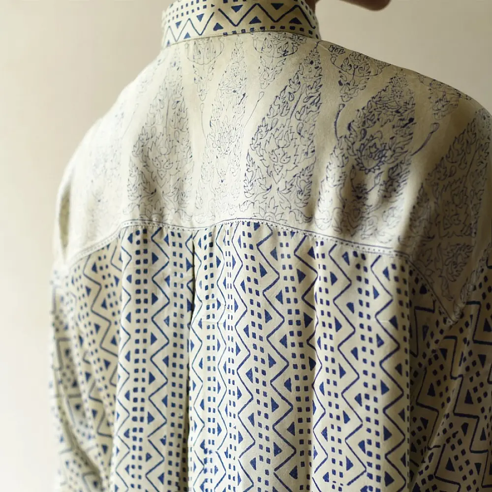 cream and indigo ajrakh cotton shirt geometric maze jaal block print hand block printed relaxed fit artisanal shirt men women unisex sustainable fashion