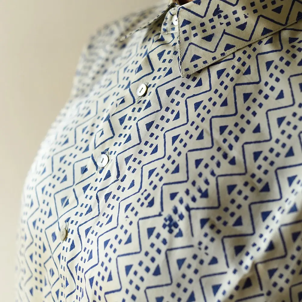 cream and indigo ajrakh cotton shirt geometric maze jaal block print hand block printed relaxed fit artisanal shirt men women unisex sustainable fashion