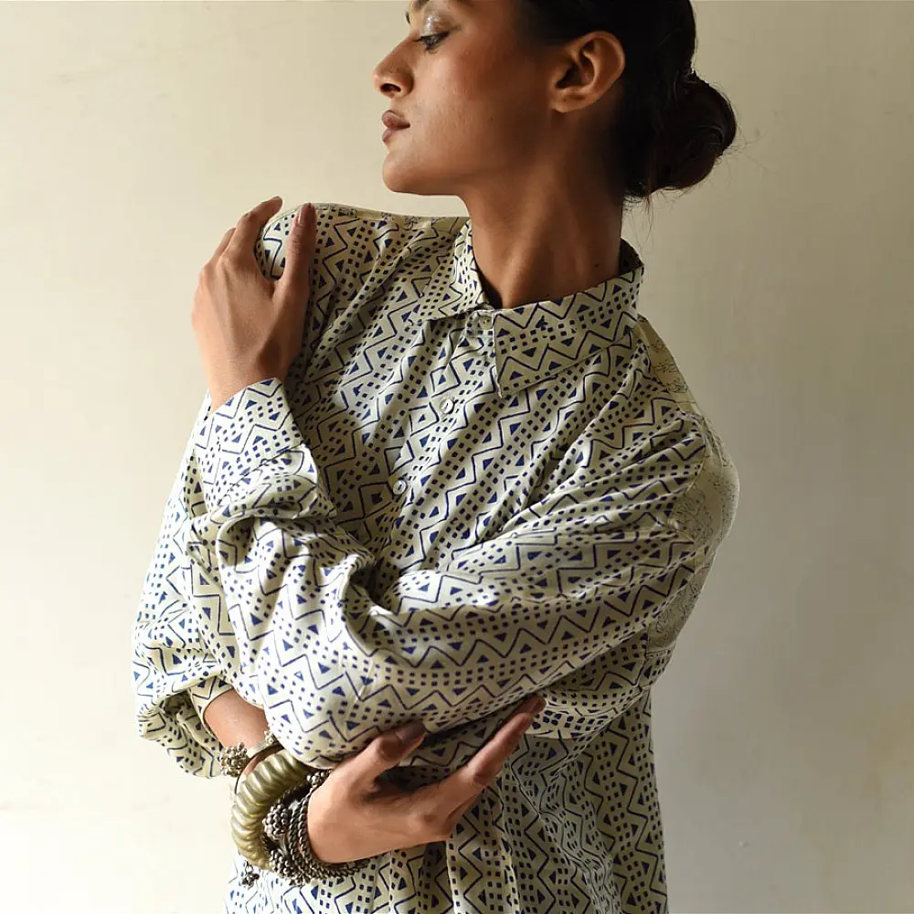 cream and indigo ajrakh cotton shirt geometric maze jaal block print hand block printed relaxed fit artisanal shirt men women unisex sustainable fashion