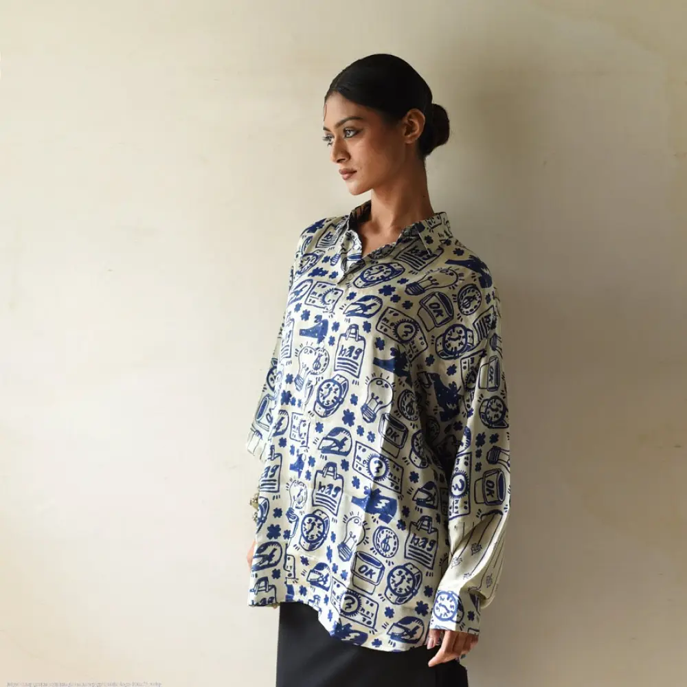 cream and indigo ajrakh cotton shirt eclectic pictogram graphic block print hand block printed relaxed fit shirt men women unisex sustainable fashion