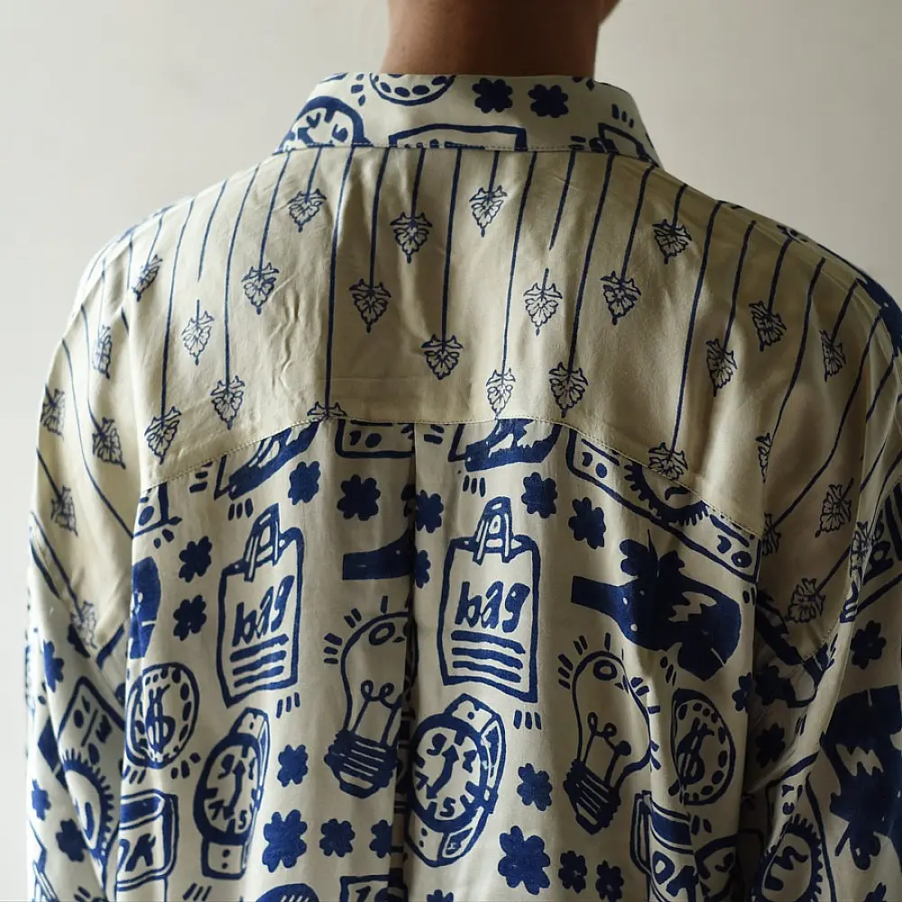 cream and indigo ajrakh cotton shirt eclectic pictogram graphic block print hand block printed relaxed fit shirt men women unisex sustainable fashion