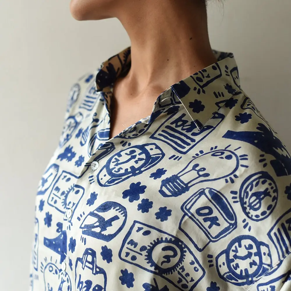 cream and indigo ajrakh cotton shirt eclectic pictogram graphic block print hand block printed relaxed fit shirt men women unisex sustainable fashion