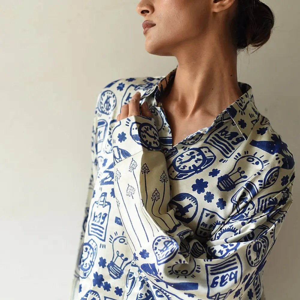 cream and indigo ajrakh cotton shirt eclectic pictogram graphic block print hand block printed relaxed fit shirt men women unisex sustainable fashion