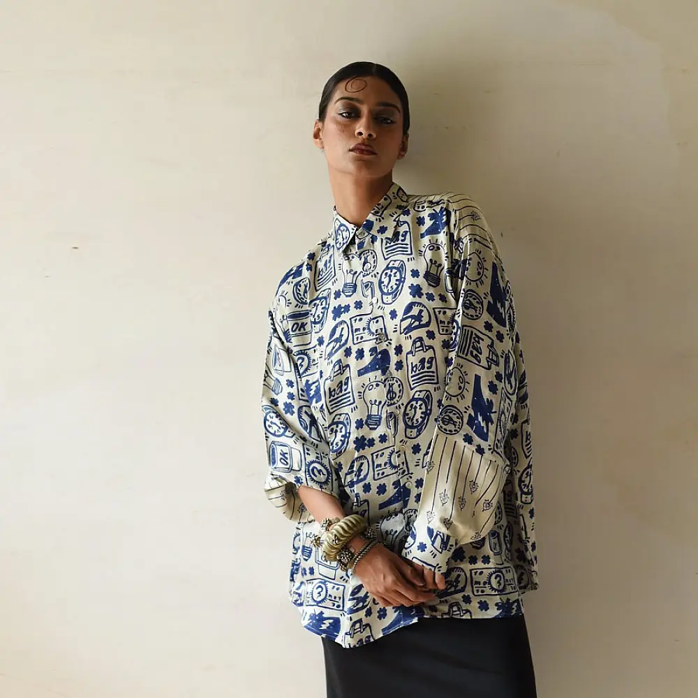 cream and indigo ajrakh cotton shirt eclectic pictogram graphic block print hand block printed relaxed fit shirt men women unisex sustainable fashion