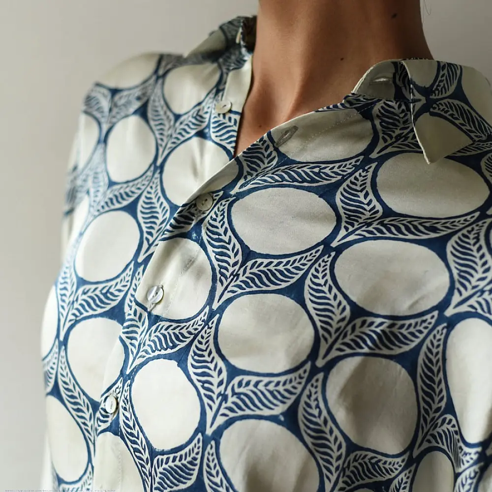 cream and indigo ajrakh cotton shirt large circular chand moon block print hand block printed relaxed fit artisanal shirt men women unisex sustainable fashion