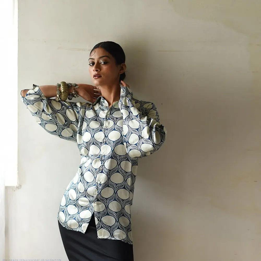 cream and indigo ajrakh cotton shirt large circular chand moon block print hand block printed relaxed fit artisanal shirt men women unisex sustainable fashion