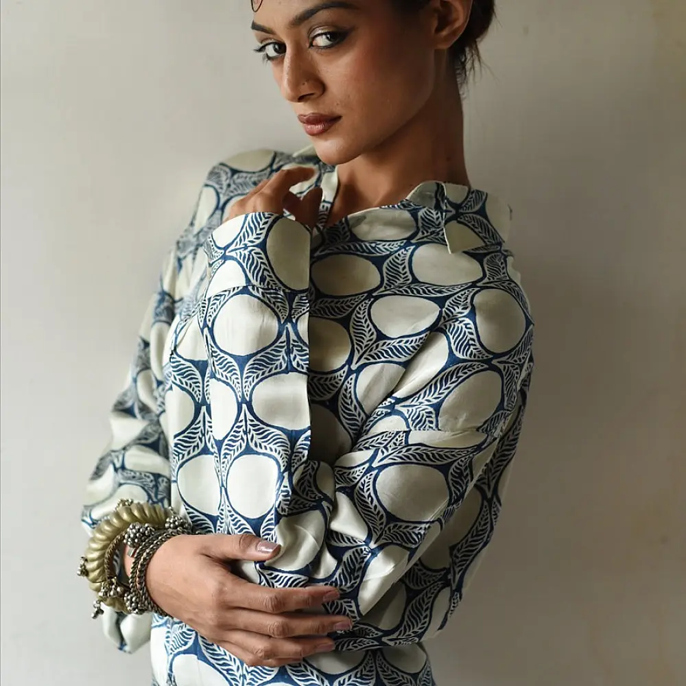 cream and indigo ajrakh cotton shirt large circular chand moon block print hand block printed relaxed fit artisanal shirt men women unisex sustainable fashion