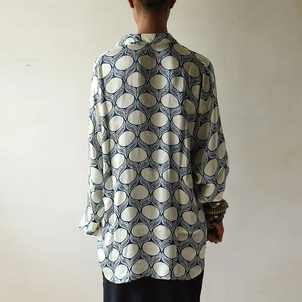 cream and indigo ajrakh cotton shirt large circular chand moon block print hand block printed relaxed fit artisanal shirt men women unisex sustainable fashion