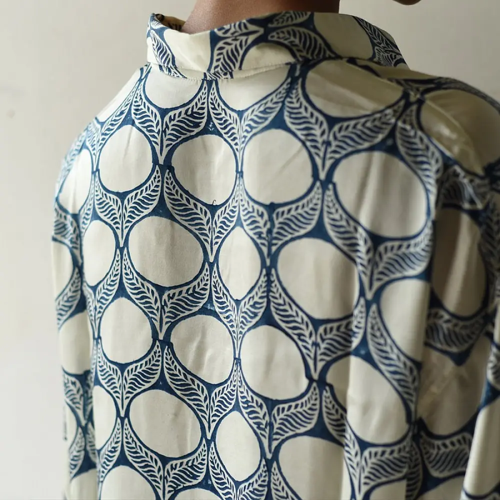 cream and indigo ajrakh cotton shirt large circular chand moon block print hand block printed relaxed fit artisanal shirt men women unisex sustainable fashion