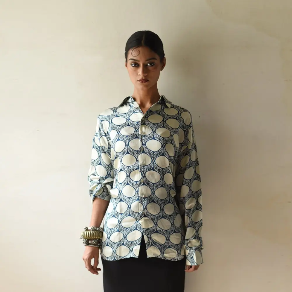 cream and indigo ajrakh cotton shirt large circular chand moon block print hand block printed relaxed fit artisanal shirt men women unisex sustainable fashion