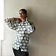 cream and indigo ajrakh cotton shirt large circular chand moon block print hand block printed relaxed fit artisanal shirt men women unisex sustainable fashion