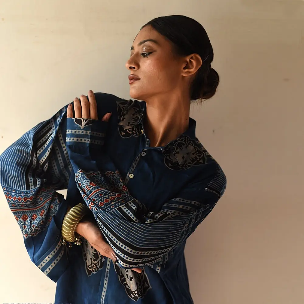 deep indigo blue ajrakh shirt large circular chand-buti moon medallion block print striped back yoke hand block printed relaxed fit artisanal shirt men women unisex