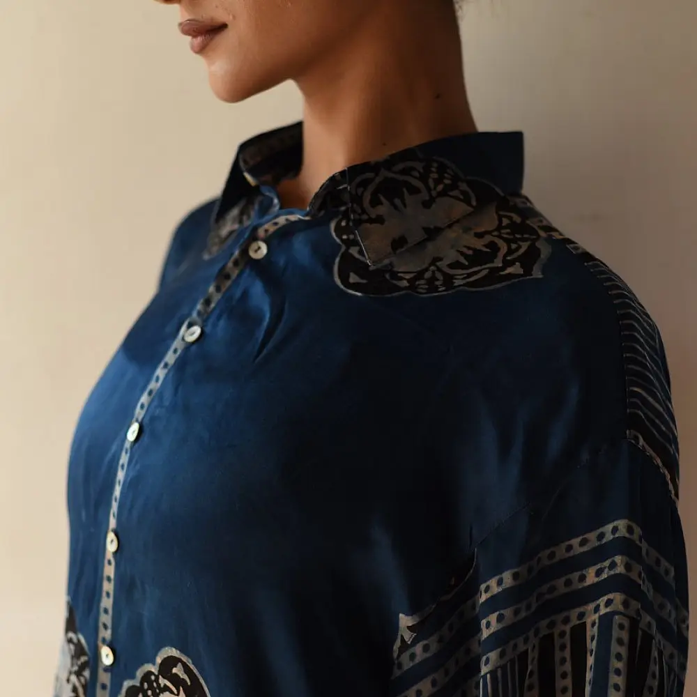 deep indigo blue ajrakh shirt large circular chand-buti moon medallion block print striped back yoke hand block printed relaxed fit artisanal shirt men women unisex