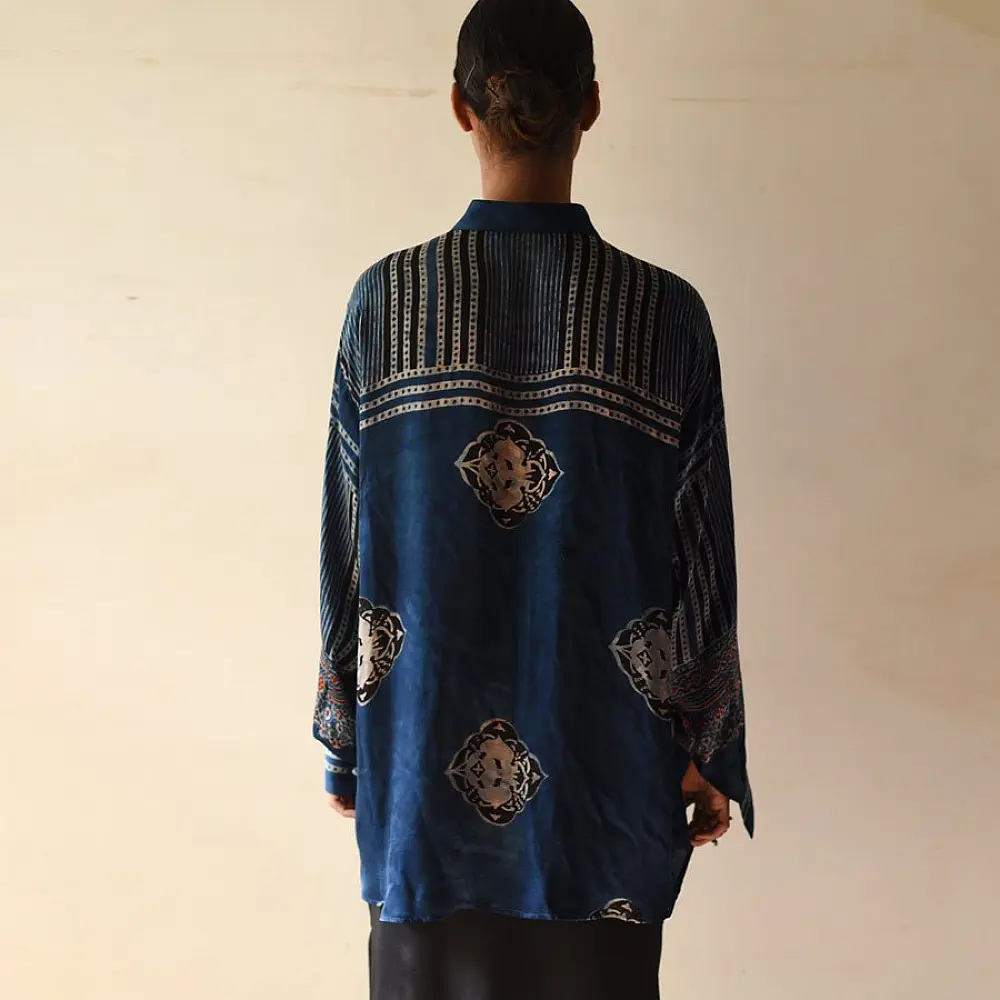 deep indigo blue ajrakh shirt large circular chand-buti moon medallion block print striped back yoke hand block printed relaxed fit artisanal shirt men women unisex