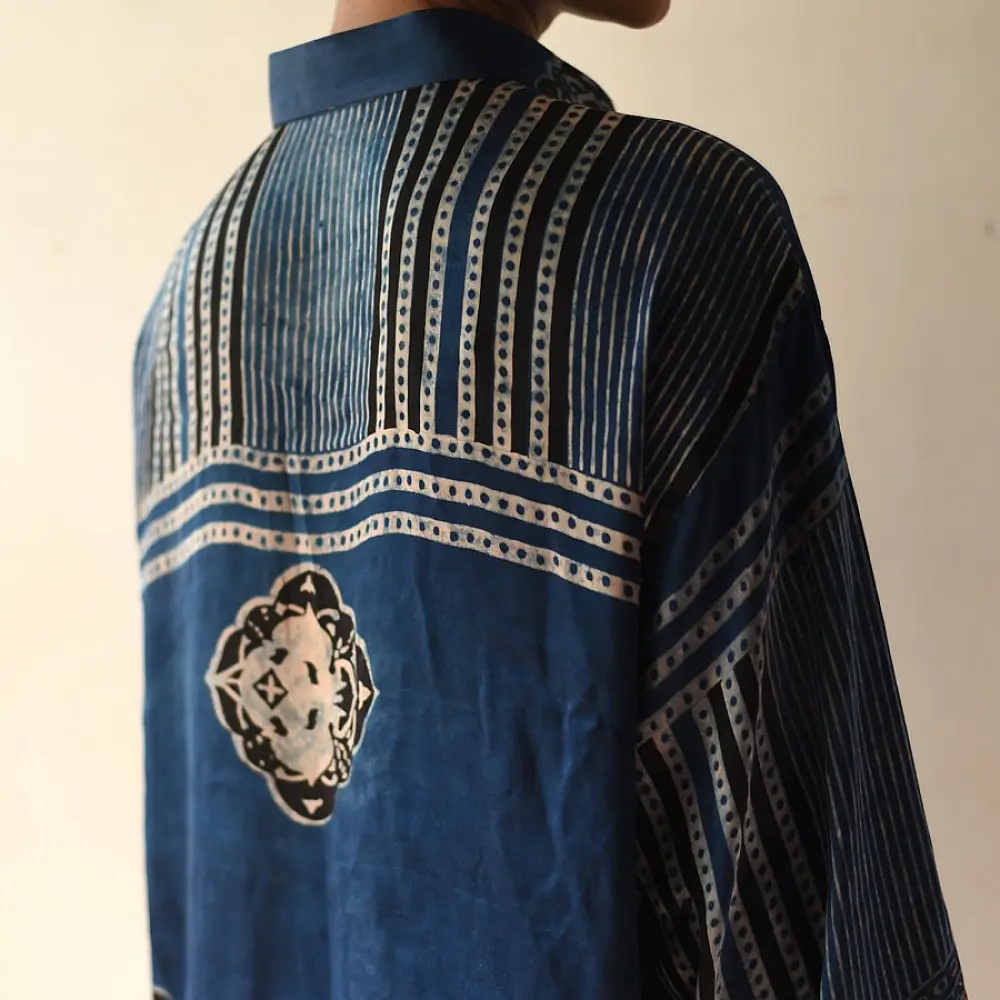 deep indigo blue ajrakh shirt large circular chand-buti moon medallion block print striped back yoke hand block printed relaxed fit artisanal shirt men women unisex