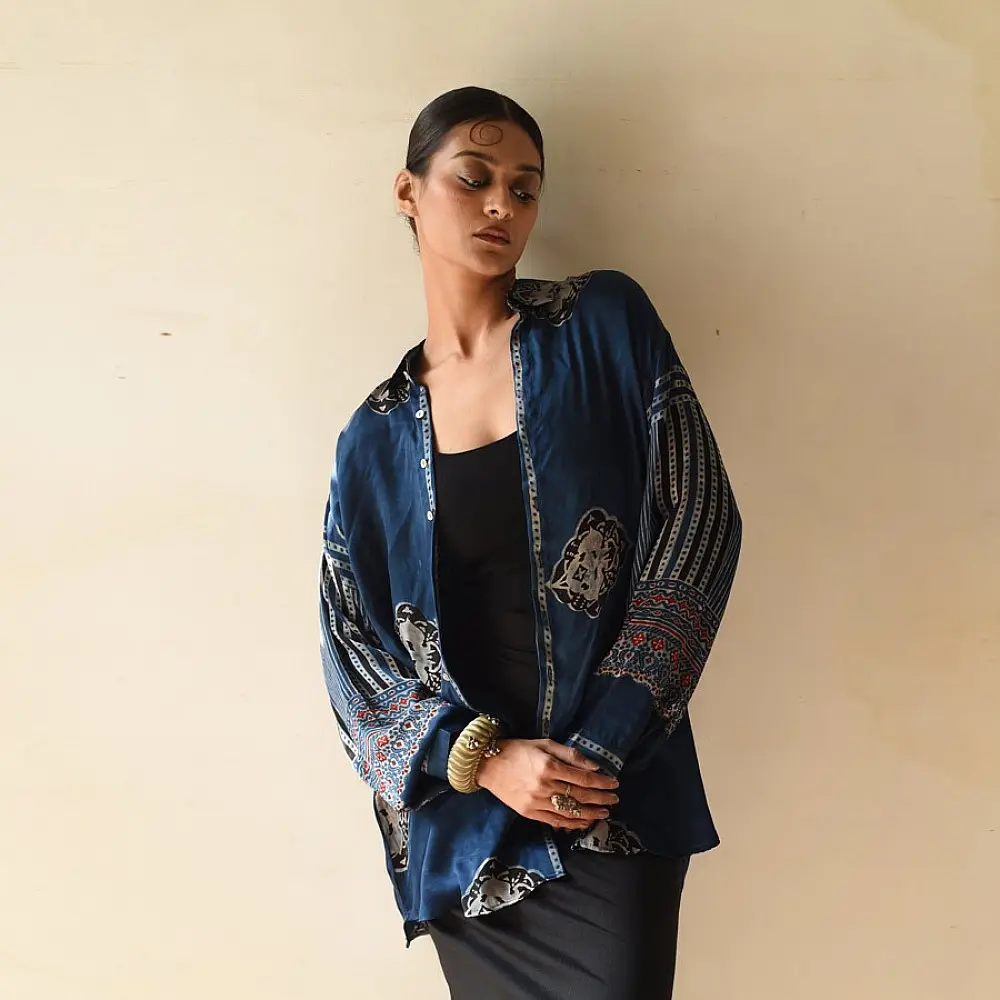 deep indigo blue ajrakh shirt large circular chand-buti moon medallion block print striped back yoke hand block printed relaxed fit artisanal shirt men women unisex