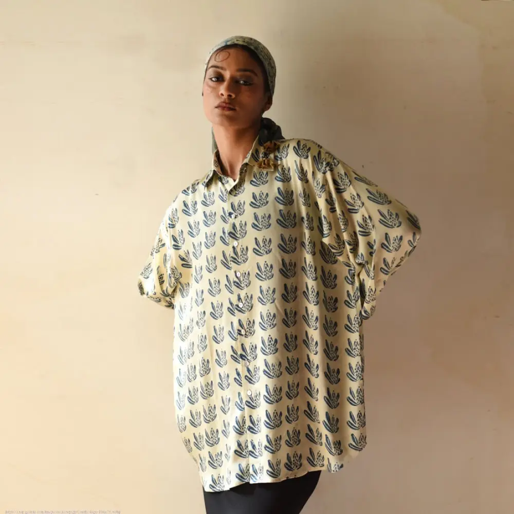 cream and indigo ajrakh cotton shirt floral bud buti block print hand block printed relaxed fit artisanal shirt men women unisex sustainable fashion