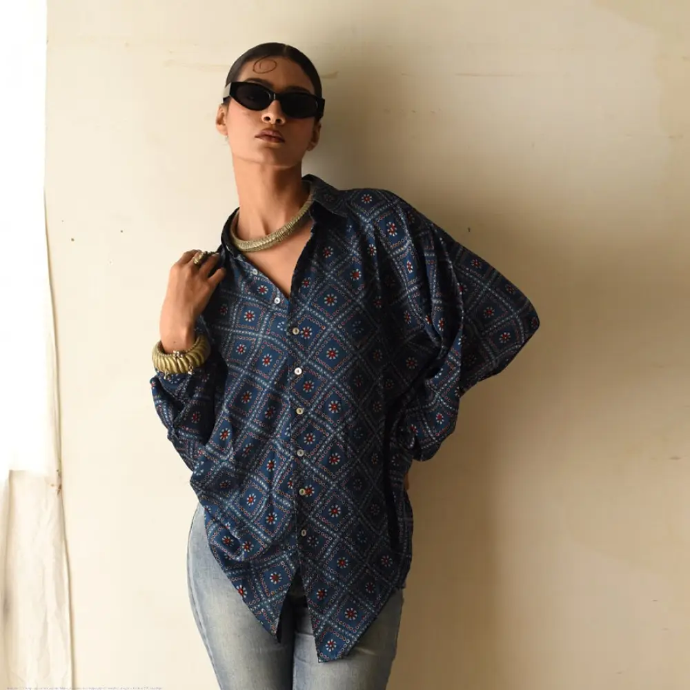 deep indigo blue ajrakh cotton shirt geometric diamond jaal block print madder red accents hand block printed relaxed fit artisanal shirt men women unisex sustainable fashion
