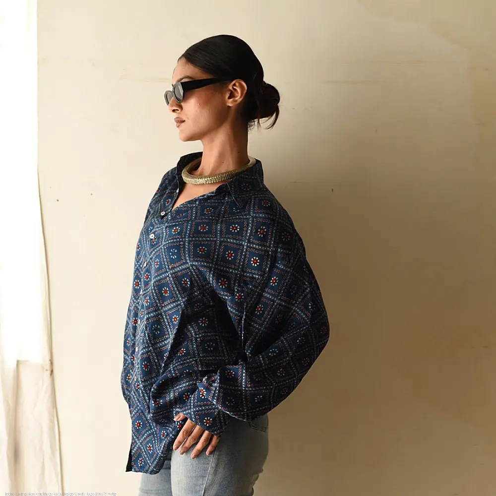 deep indigo blue ajrakh cotton shirt geometric diamond jaal block print madder red accents hand block printed relaxed fit artisanal shirt men women unisex sustainable fashion