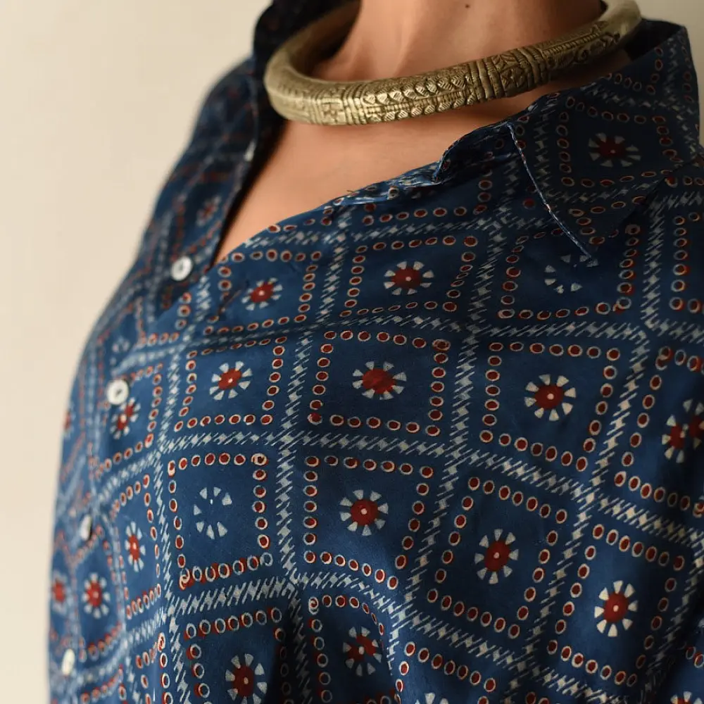 deep indigo blue ajrakh cotton shirt geometric diamond jaal block print madder red accents hand block printed relaxed fit artisanal shirt men women unisex sustainable fashion