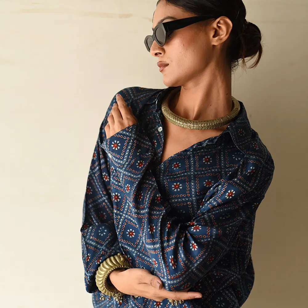 deep indigo blue ajrakh cotton shirt geometric diamond jaal block print madder red accents hand block printed relaxed fit artisanal shirt men women unisex sustainable fashion