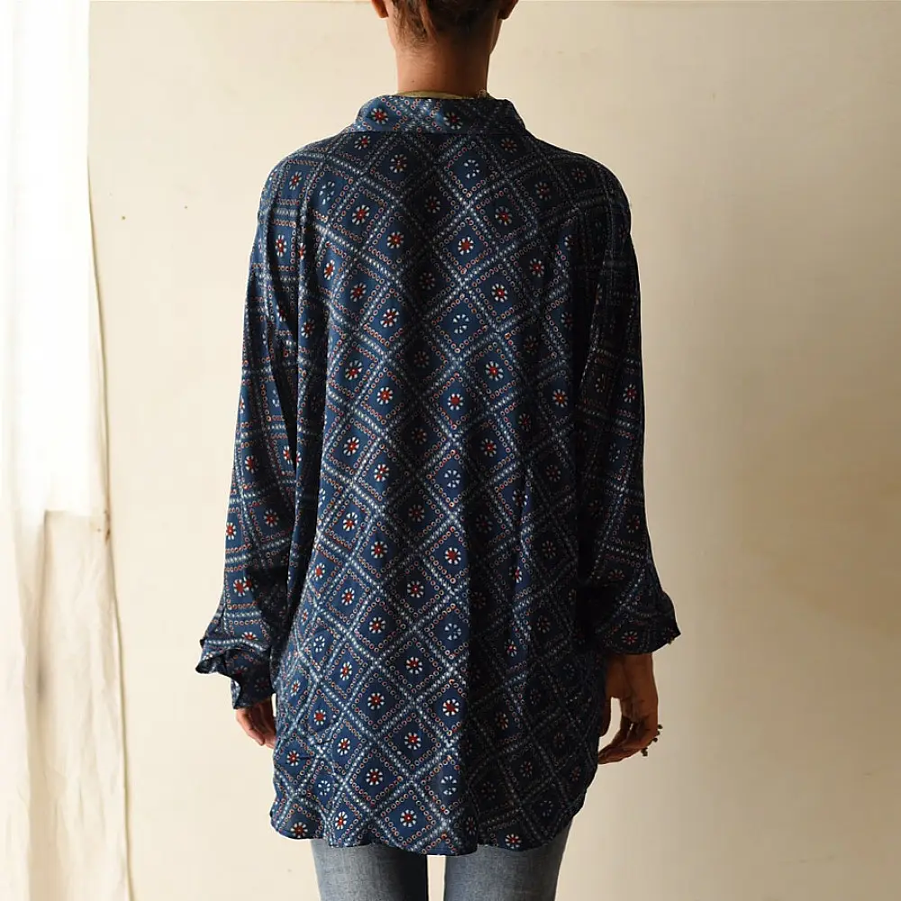 deep indigo blue ajrakh cotton shirt geometric diamond jaal block print madder red accents hand block printed relaxed fit artisanal shirt men women unisex sustainable fashion