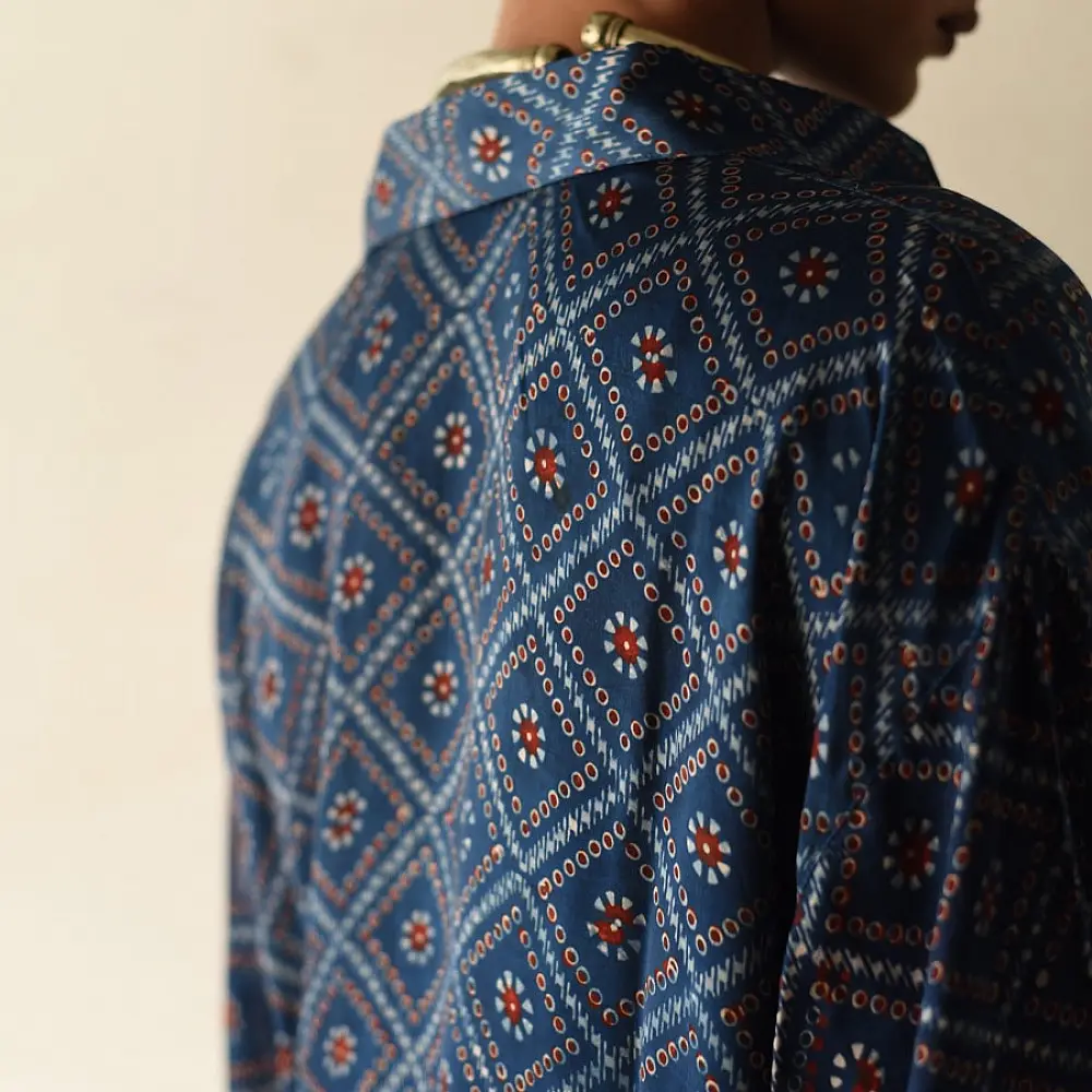 deep indigo blue ajrakh cotton shirt geometric diamond jaal block print madder red accents hand block printed relaxed fit artisanal shirt men women unisex sustainable fashion