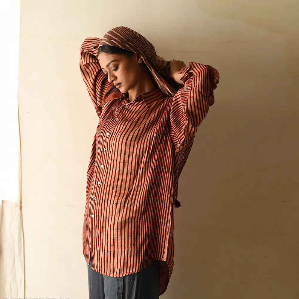 terracotta red and brown ajrakh cotton shirt vertical striped block print hand block printed relaxed fit artisanal shirt men women unisex sustainable fashion