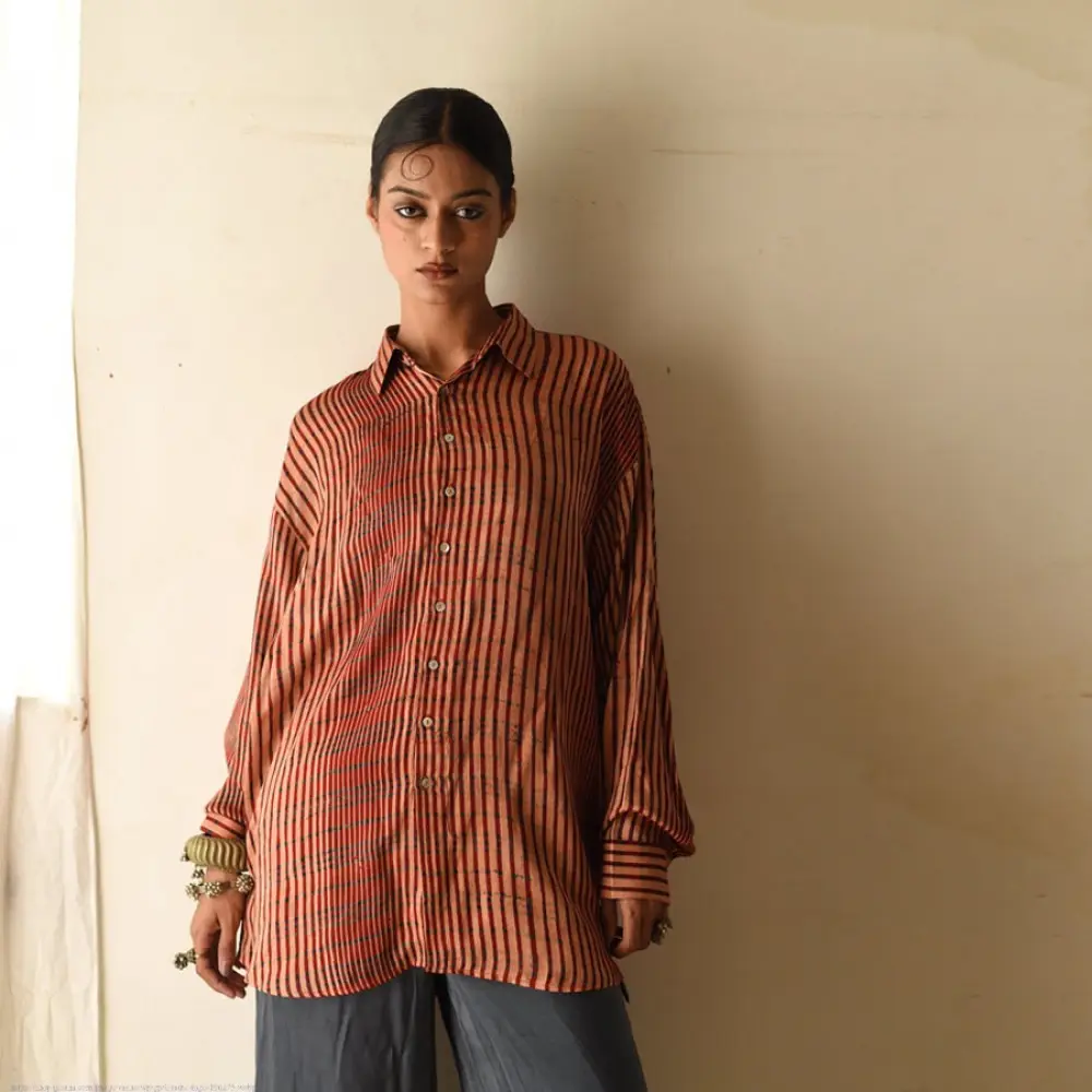 terracotta red and brown ajrakh cotton shirt vertical striped block print hand block printed relaxed fit artisanal shirt men women unisex sustainable fashion