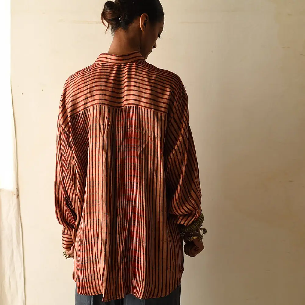 terracotta red and brown ajrakh cotton shirt vertical striped block print hand block printed relaxed fit artisanal shirt men women unisex sustainable fashion