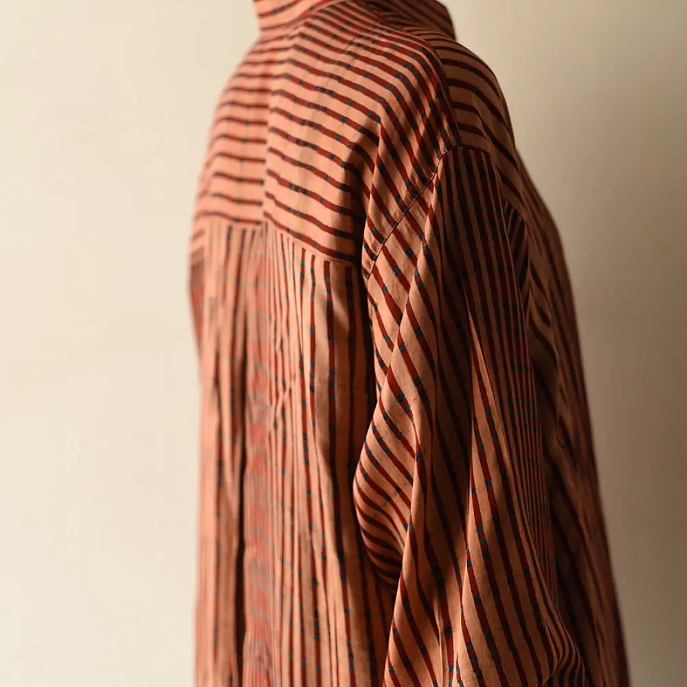 terracotta red and brown ajrakh cotton shirt vertical striped block print hand block printed relaxed fit artisanal shirt men women unisex sustainable fashion