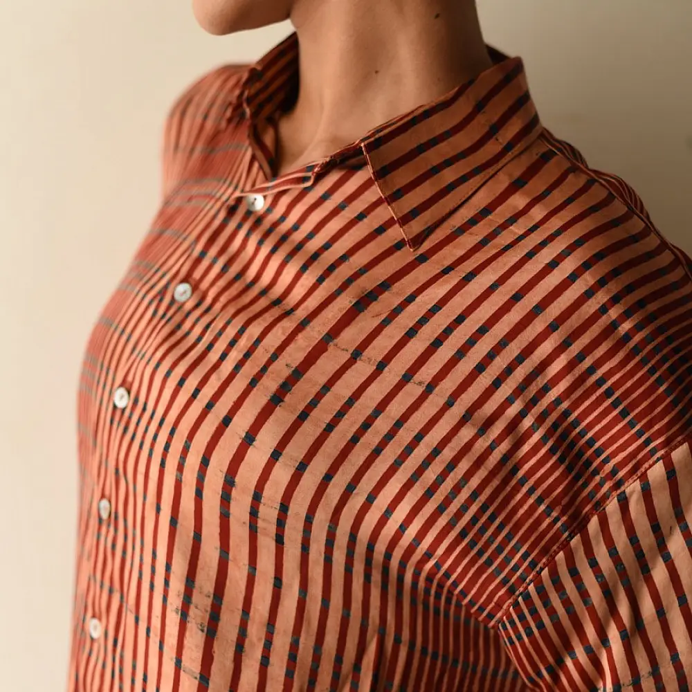 terracotta red and brown ajrakh cotton shirt vertical striped block print hand block printed relaxed fit artisanal shirt men women unisex sustainable fashion