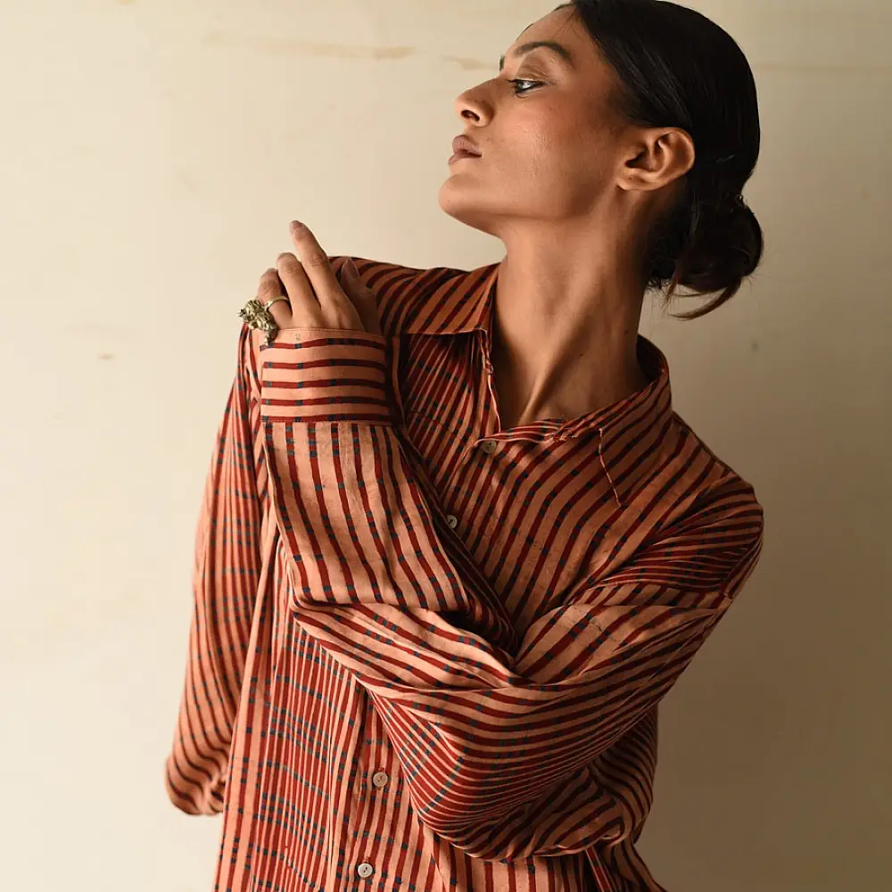 terracotta red and brown ajrakh cotton shirt vertical striped block print hand block printed relaxed fit artisanal shirt men women unisex sustainable fashion