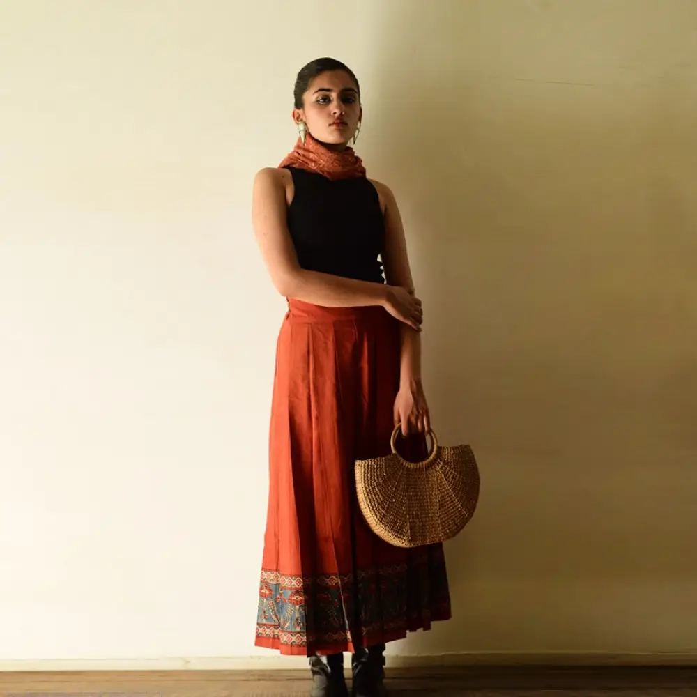 shop Ajrakh Printed Wrap Around Cotton Skirt - Natural Dyed