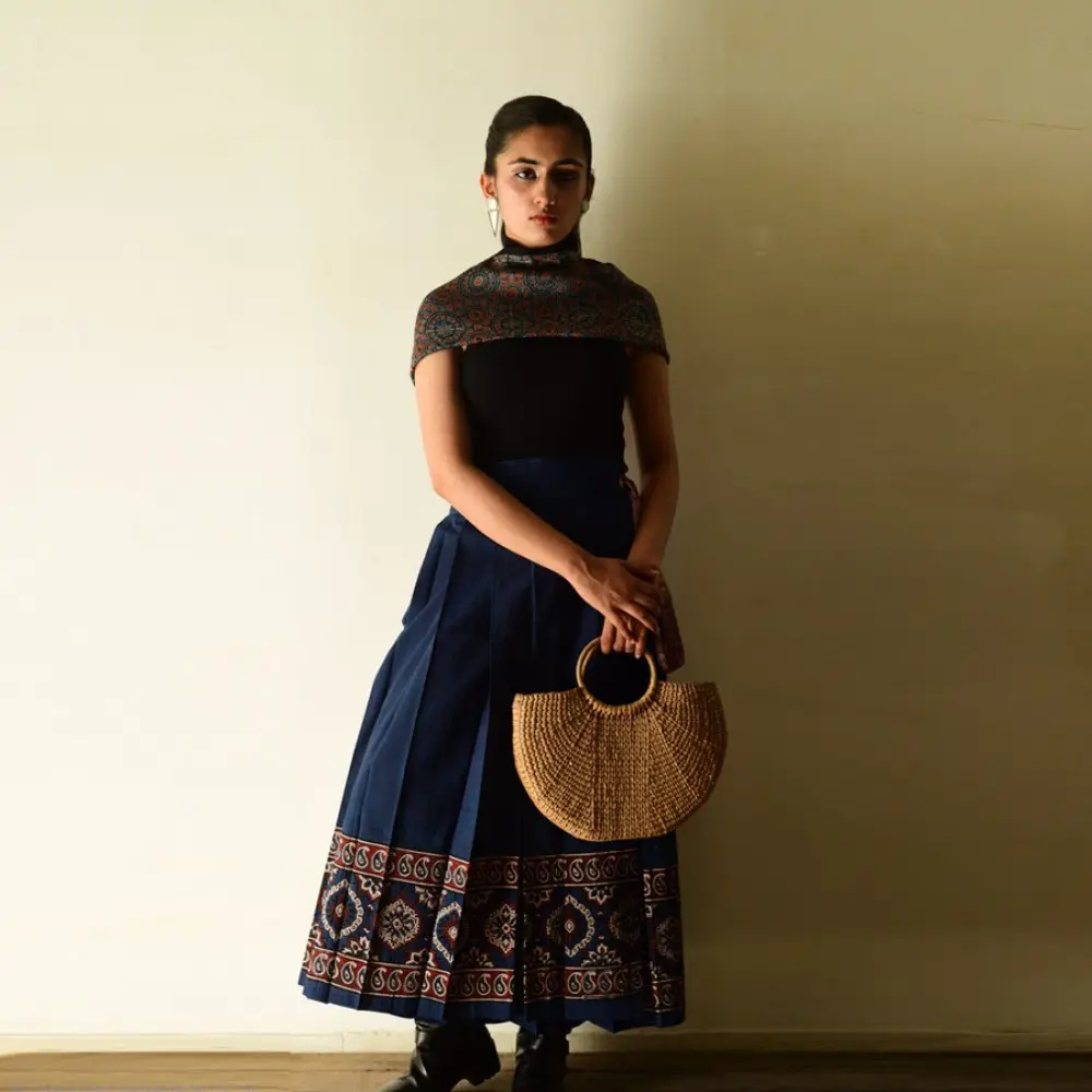shop Ajrakh Natural Dyed ~ Long Wrap Around Cotton Skirt