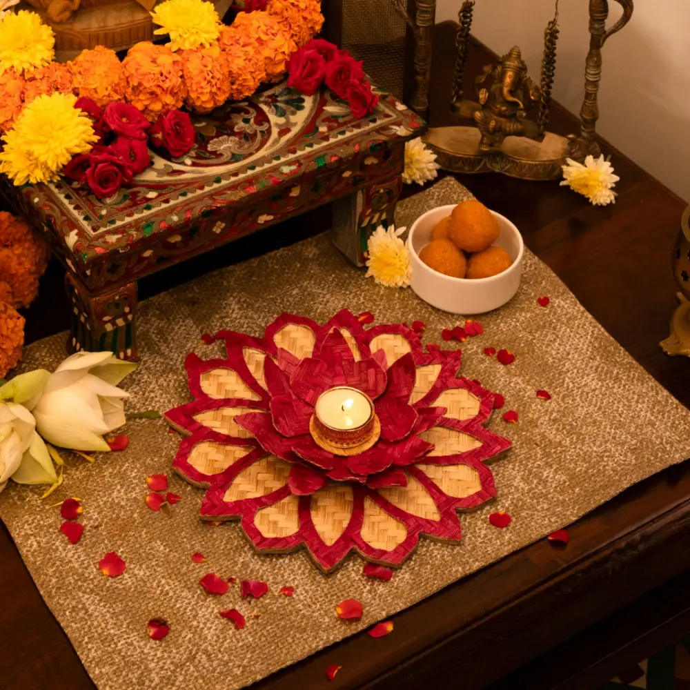 Venu . वेणु | Handcrafted Bamboo Rangoli with Lotus Tea Light Holder (Two Color Options)