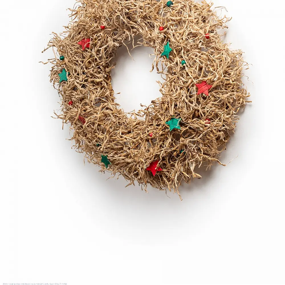 handcrafted banana fiber frill circular christmas wreath accented with miniature red and green star decorations against a neutral background wall