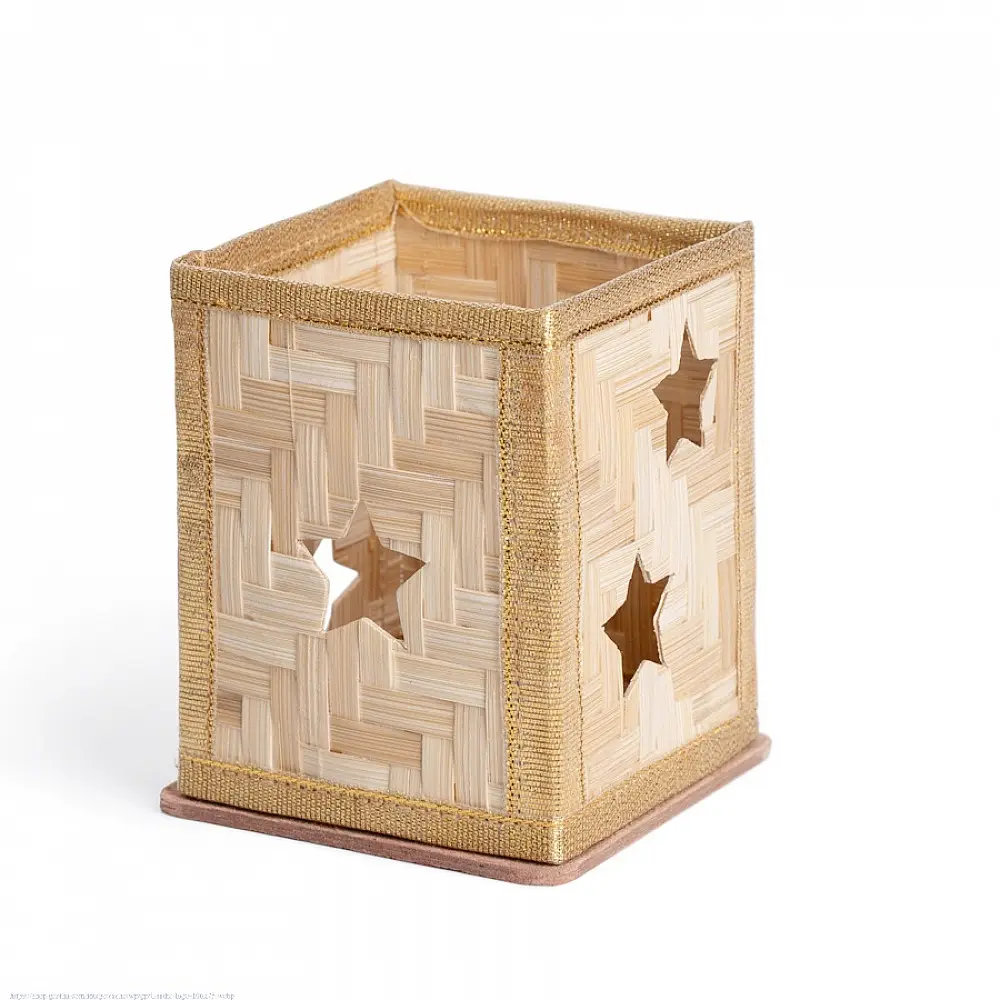 handcrafted square bamboo tea light holders featuring a cutout star and a cutout christmas tree panel with woven gold ribbon borders