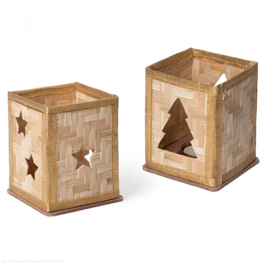 handcrafted square bamboo tea light holders featuring a cutout star and a cutout christmas tree panel with woven gold ribbon borders