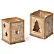 handcrafted square bamboo tea light holders featuring a cutout star and a cutout christmas tree panel with woven gold ribbon borders