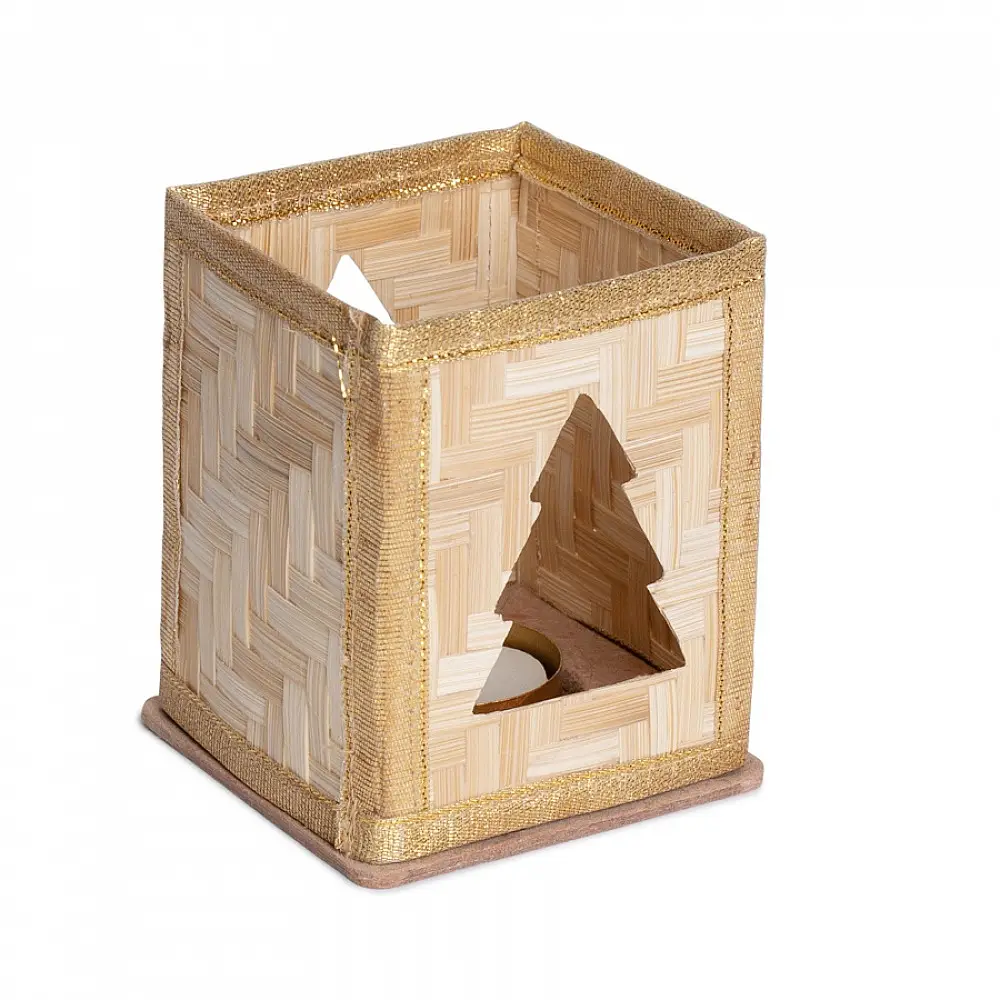 handcrafted square bamboo tea light holders featuring a cutout star and a cutout christmas tree panel with woven gold ribbon borders