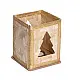 handcrafted square bamboo tea light holders featuring a cutout star and a cutout christmas tree panel with woven gold ribbon borders