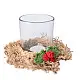 handcrafted natural bamboo fiber frill tea light holder with red and green crochet flower accents holding a clear glass candle cup on a festive display table