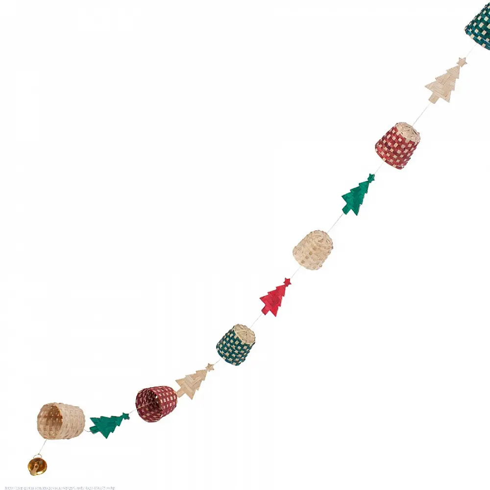 handcrafted vertical christmas string ornament featuring alternating red, green, and checkered bamboo trees and bells against a wooden wall panel