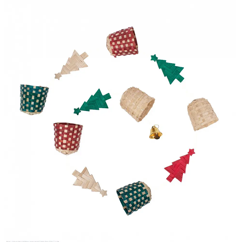 handcrafted vertical christmas string ornament featuring alternating red, green, and checkered bamboo trees and bells against a wooden wall panel