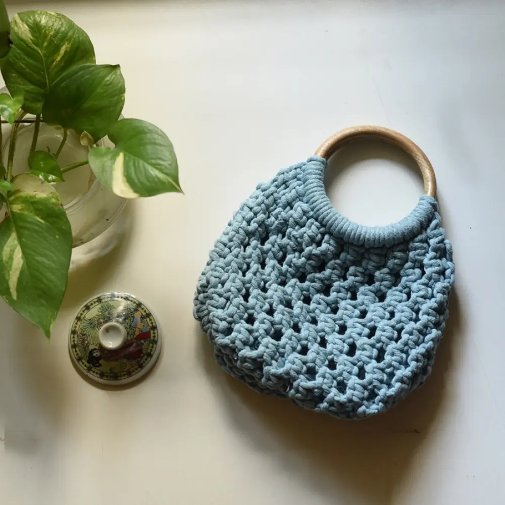 Hand Knotted Macrame Bag With Wooden Handles