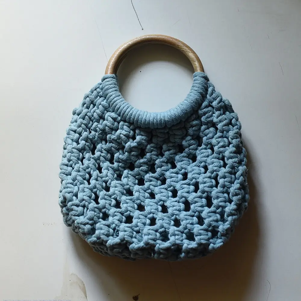 Hand Knotted Macrame Bag With Wooden Handles