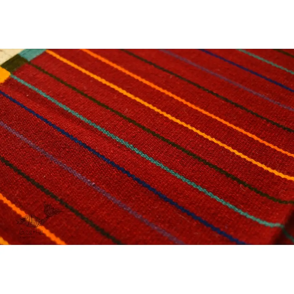hand woven woolen durrie - Dark Red Striped